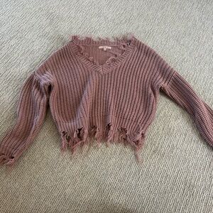 Love Tree Mauve Distressed Fringe V-Neck Sweater